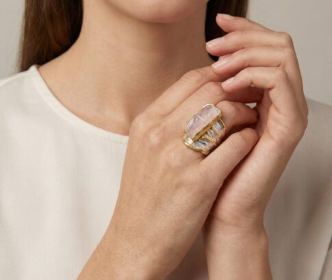 Zilveren ruwe rozenkwarts ring