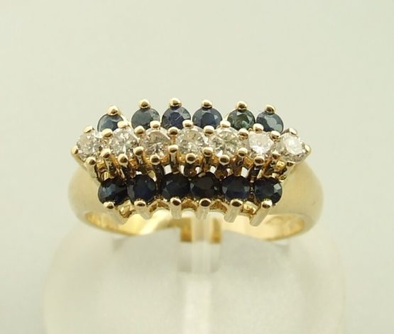 Occasion gouden diamanten en saffieren ring