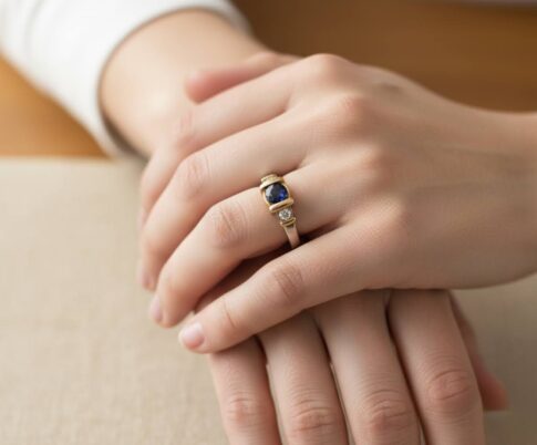 Bicolor gouden ring met diamant en saffier