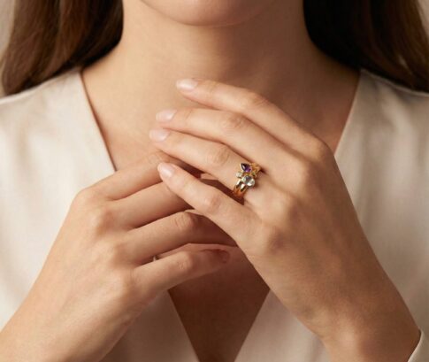 Gouden ring met topaas, amethist en briljant