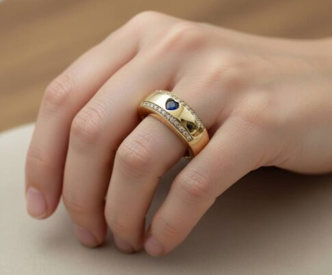 Gouden harten ring met diamanten en saffieren