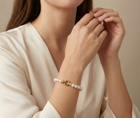 Parel armband met geel gouden slot