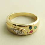 Gouden ring met saffier, diamant, robijn, smaragd