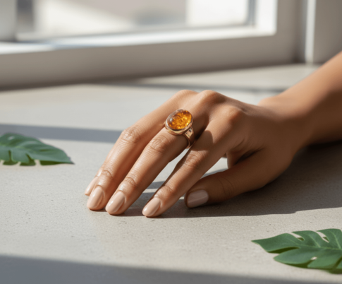 Christian Design gouden ring met barnsteen