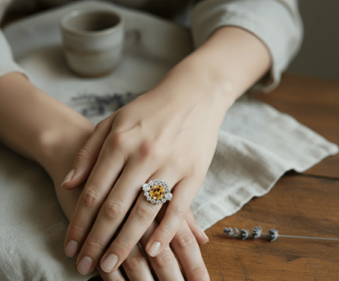 Wit gouden ring met saffier en briljant
