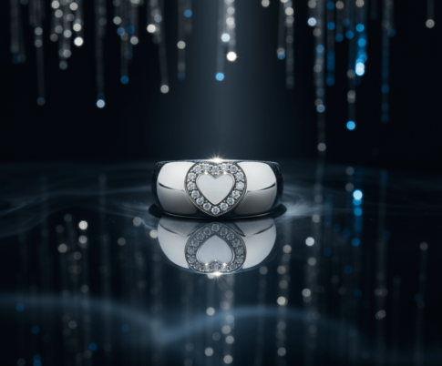 Wit gouden harten ring met omringende diamanten