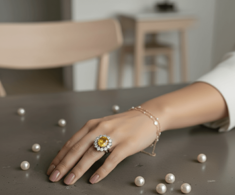 Wit gouden ring met saffier en briljant