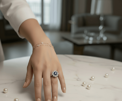 Wit gouden diamanten ring met saffier