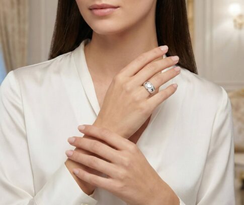 Wit gouden harten ring met omringende diamanten