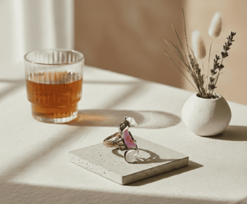 Zilveren ring met parelmoer en koraal