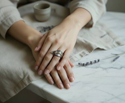 Zilveren blad ring met zwarte zirkonia