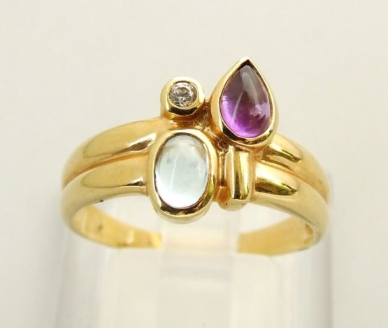 Gouden ring met topaas, amethist en briljant