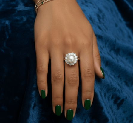 18 karaat wit gouden diamanten ring met parel