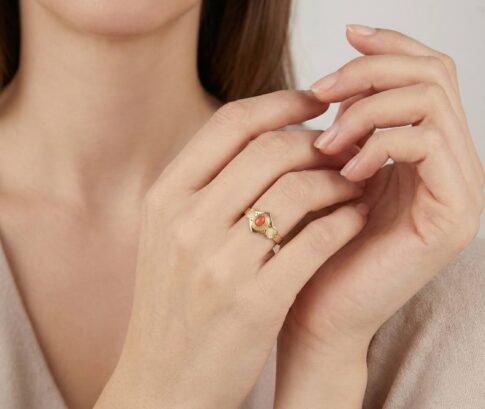 Geel gouden ring met 1 bloedkoraal