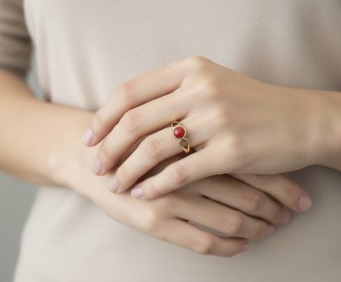 Gouden Christian ring met bloedkoraal