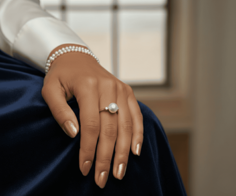 Gouden parel ring met 2 diamanten