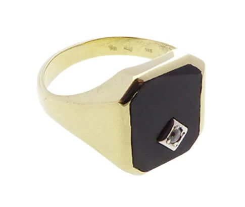 Geel gouden ring met zirkonia en onyx