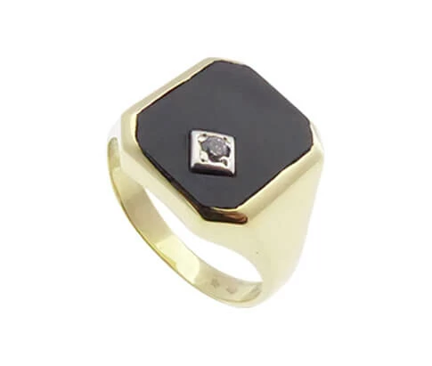 Geel gouden ring met zirkonia en onyx