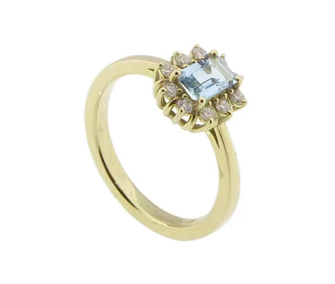 Gouden ring met aquamarijn en diamant