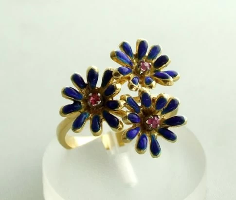 Gouden ring met robijn en emaille