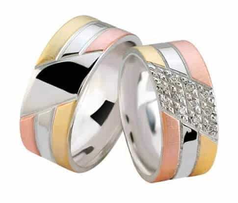 Tricolor trouwringen met diamanten