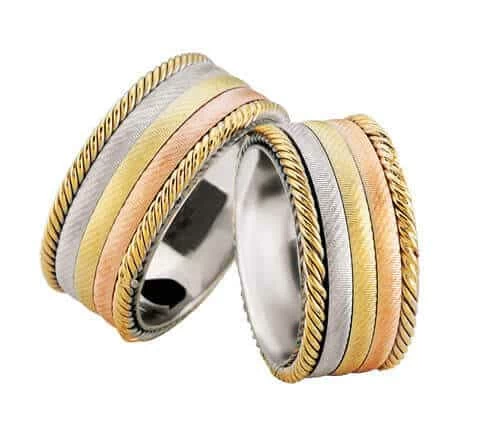 Tricolor trouwringen met gevlochten torsringen