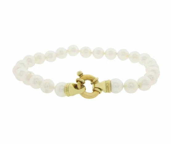 Parel armband met geel gouden slot