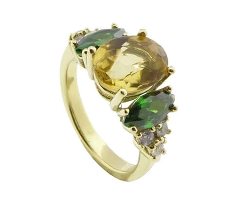 Gouden ring met citrien en smaragd