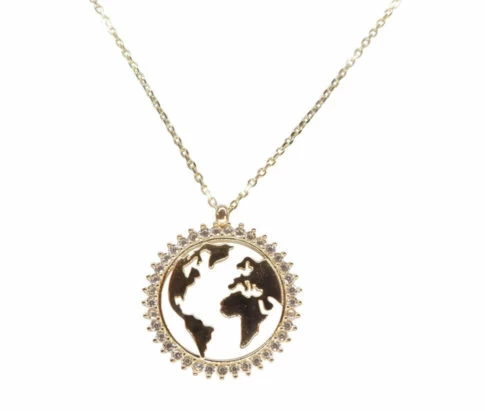 14 karaat wereldkaart hanger met ketting
