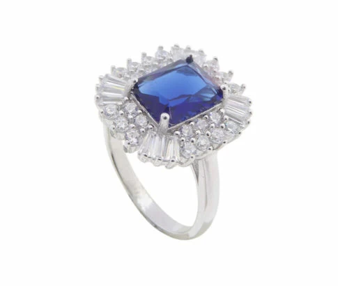 Zilveren zirkonia ring met synthetische saffier