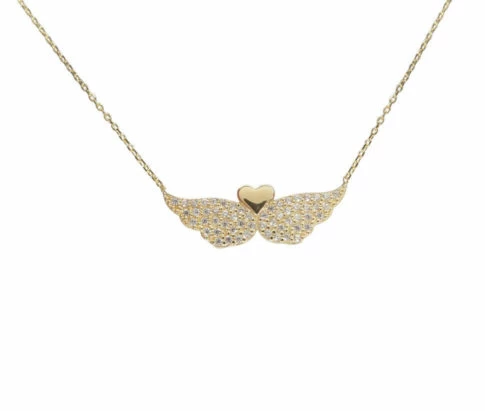 Gouden hart met zirkonia vleugels hanger