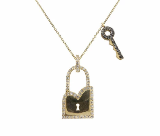 Gouden zirkonia sleutel met slot hanger