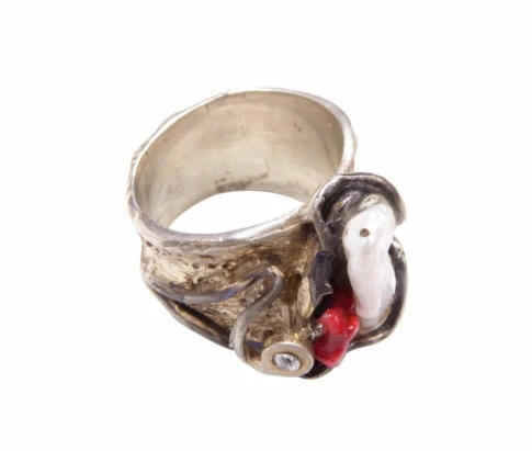 Zilveren ring met parel en rhodoniet