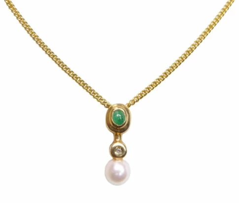 Gouden ketting met parel en smaragd hanger