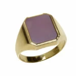 Geel gouden zegelring met roze lagensteen