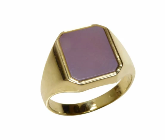 Geel gouden zegelring met roze lagensteen